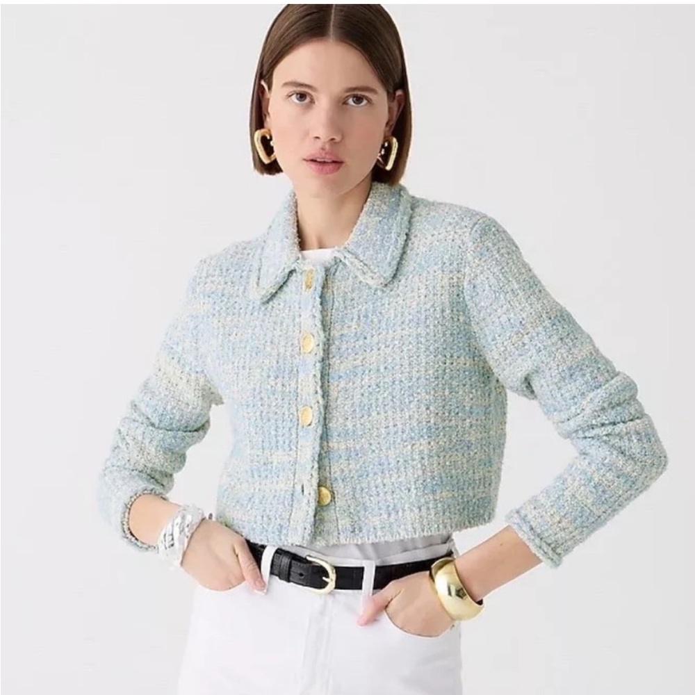 J. Crew Textured Cropped Lady Jacket in Blush Blue Space Died Yarn